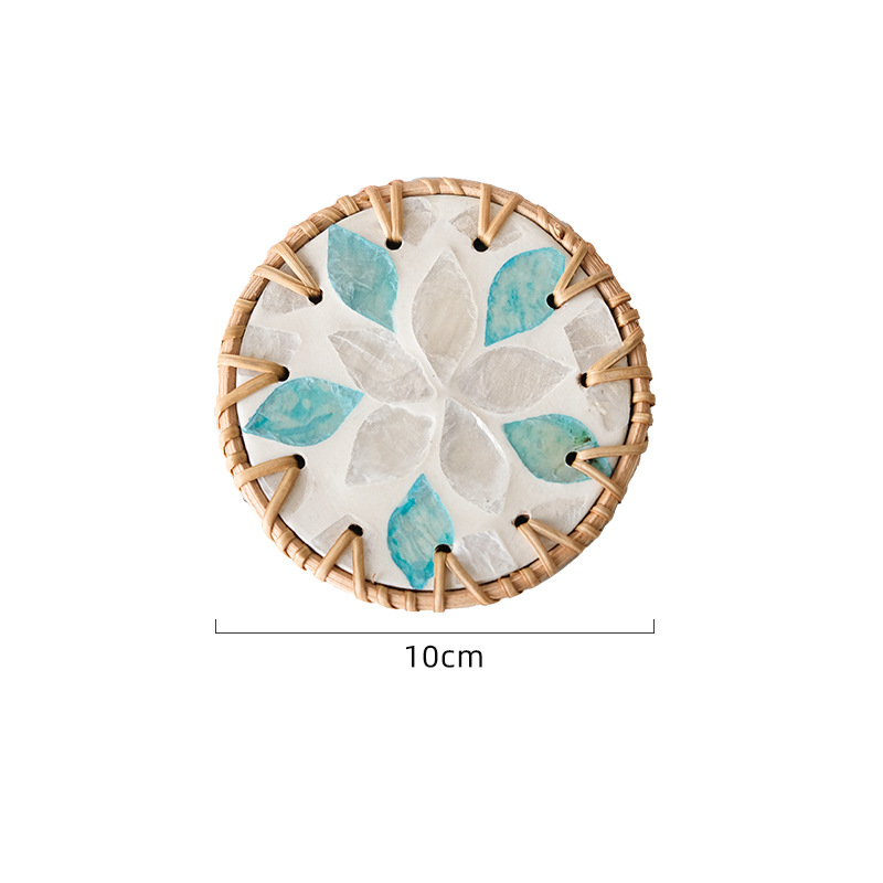 V888-ELOSUNG22493-202503271309-00 (White Orchid Leaves) Set of 5 Rattan & Shell Coasters - Decorative & Heat Resistant - Image 1