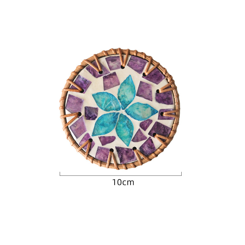 V888-ELOSUNG22494-202503271309-00 (Purple Blue Flower) Set of 5 Rattan & Shell Coasters - Decorative & Heat Resistant - Image 1