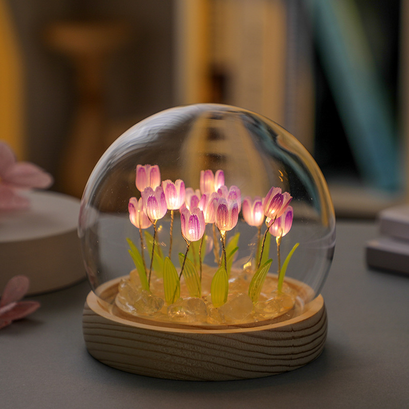 V888-ELOSUNG22512-202503271126-00 (Sixteen Purple Tulips) Glowing Tulip Dome Lamp - Wooden Base, Bedside Table Decoration - Image 1