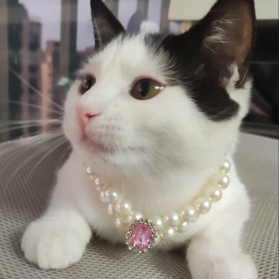 V888-ELOSUNG22530-202503272031-00 3-pcs Pink Diamond Double Strand Pearl & Rhinestone Pet Necklace - Luxury Collar for Cats & Dogs Size M (25-31CM) - Image 1