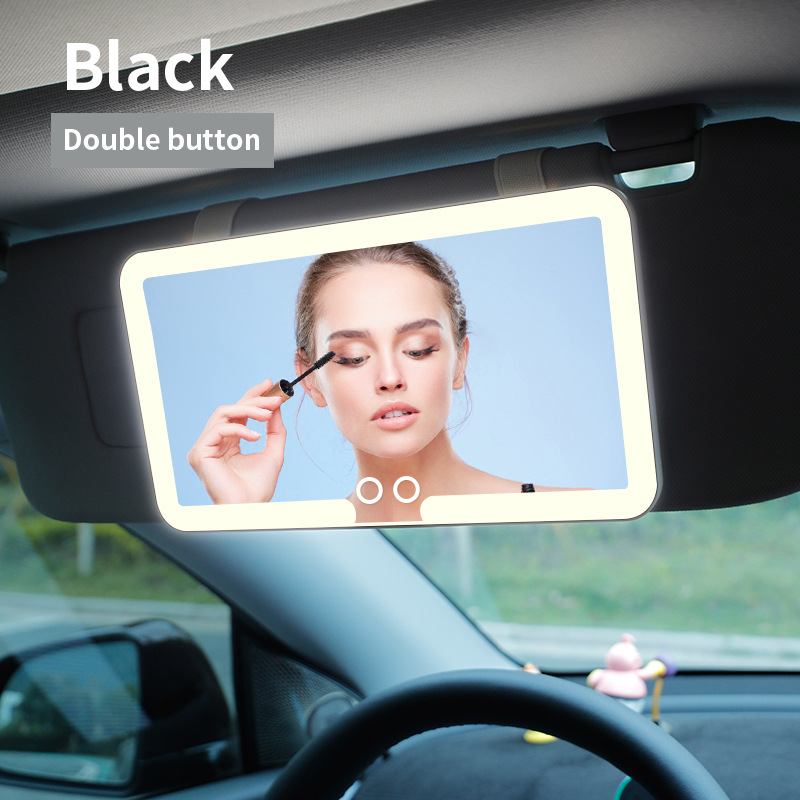 V888-ELOSUNG22578-202503280111-00 Black double button Car Sun Visor Makeup Mirror with LED Light - Tri-Color, Touch Control - Image 1
