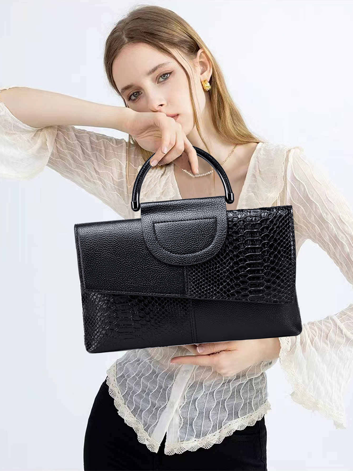 V888-ELOSUNG22652-202503282133-00 Black Elegant crocodile embossed clutch - with metal top handle and shoulder strap - Image 1