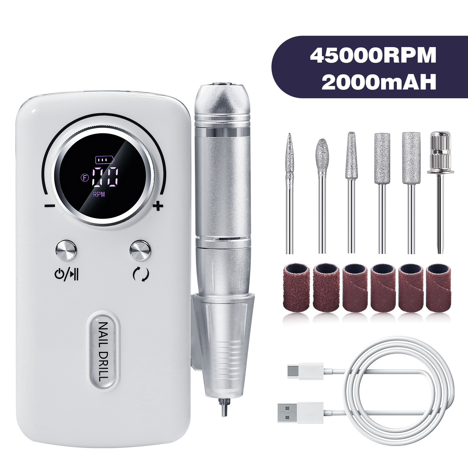 V888-ELOSUNG22696-202504011226-00 White Professional Electric Nail Drill, 45000RPM Rechargeable Nail Grinder Polisher for Salon & Home Use - Image 1