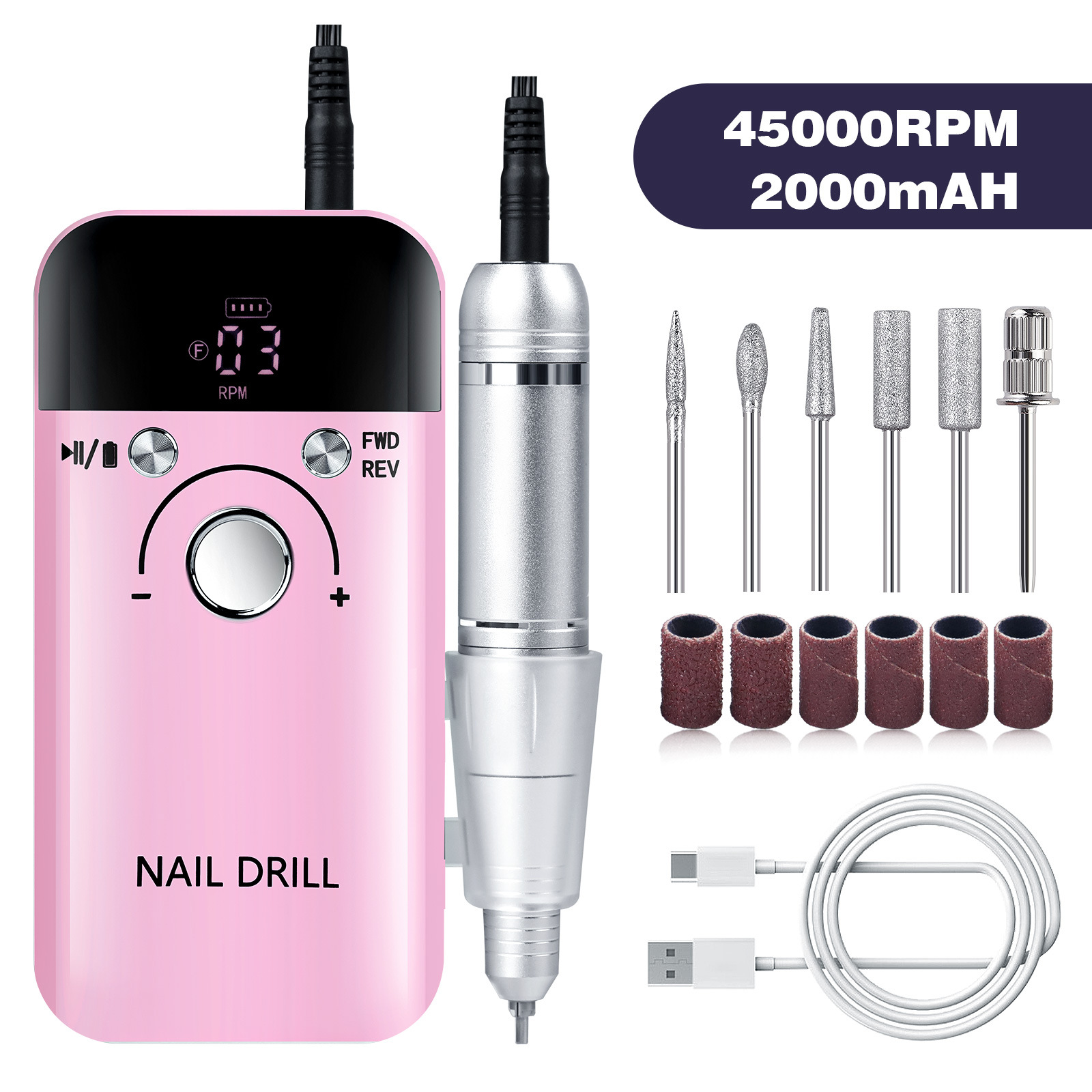 V888-ELOSUNG22704-202504011327-00 Pink High Speed Portable Nail Drill Set - Electric Nail File Set with 6 Nail Drill Bits - Image 1