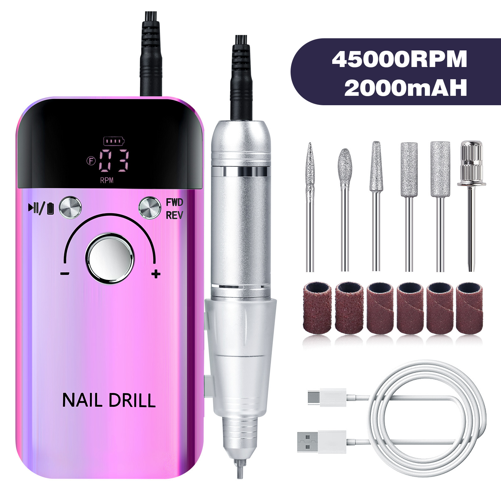 V888-ELOSUNG22705-202504011327-00 Purple High Speed Portable Nail Drill Set - Electric Nail File Set with 6 Nail Drill Bits - Image 1
