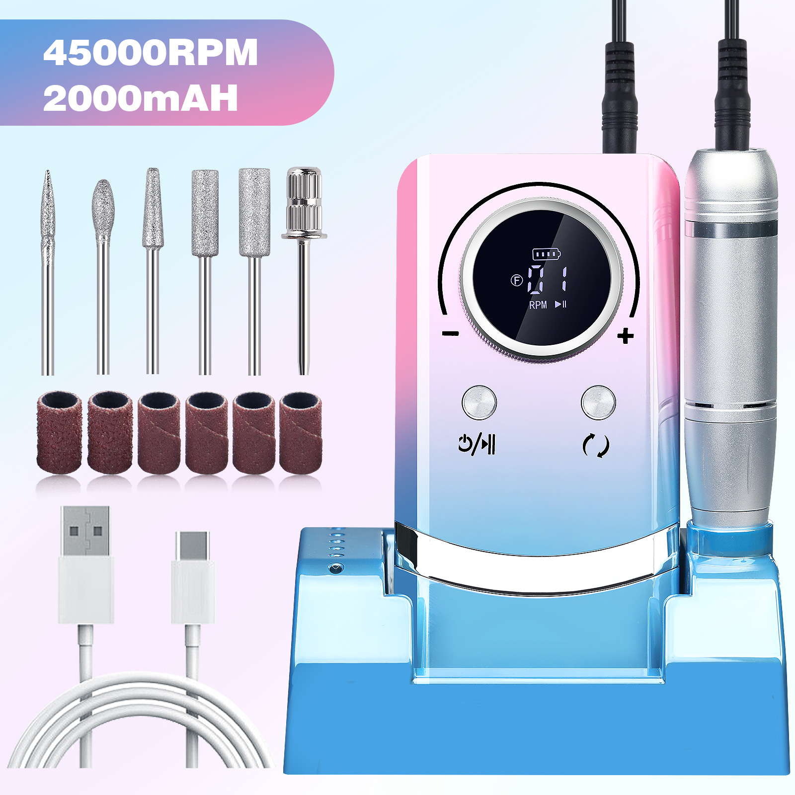 V888-ELOSUNG22708-202504011330-00 Pink+Blue Portable Electric Nail Drill - Rechargeable, Adjustable Speed, Low Vibration - Image 1
