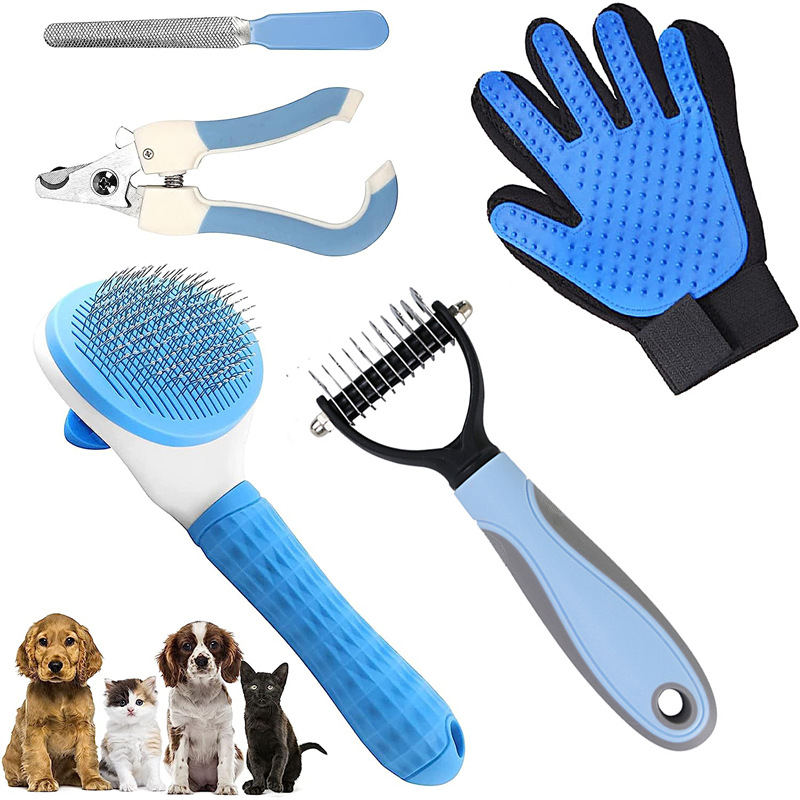 V888-ELOSUNG22758-202504011231-00 Blue 5-Piece Pet Grooming Kit - Cat & Dog Brushes, Nail Clippers & More - Image 1