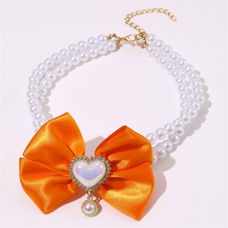V888-ELOSUNG22818-202504031730-00 2 - PCS Cute Pet Pearl Necklace Collar with Orange Bow and Heart Charm - Size S - Image 1