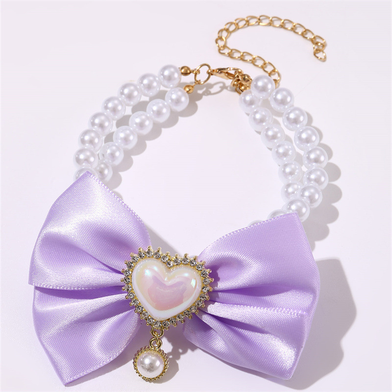 V888-ELOSUNG22829-202504141341-00 2 - PCS Cute Pet Pearl Necklace Collar with Purple Bow and Heart Charm - Size M - Image 1