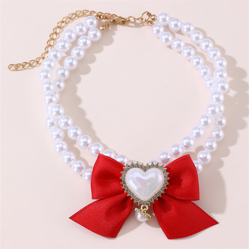 V888-ELOSUNG22830-202504141342-00 2 - PCS Cute Pet Pearl Necklace Collar with Red Bow and Heart Charm - Size M - Image 1