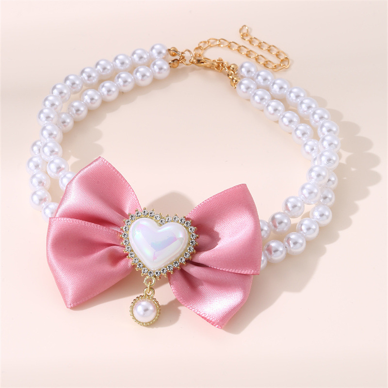 V888-ELOSUNG22831-202504141342-00 2 - PCS Cute Pet Pearl Necklace Collar with Pink Bow and Heart Charm - Size M - Image 1
