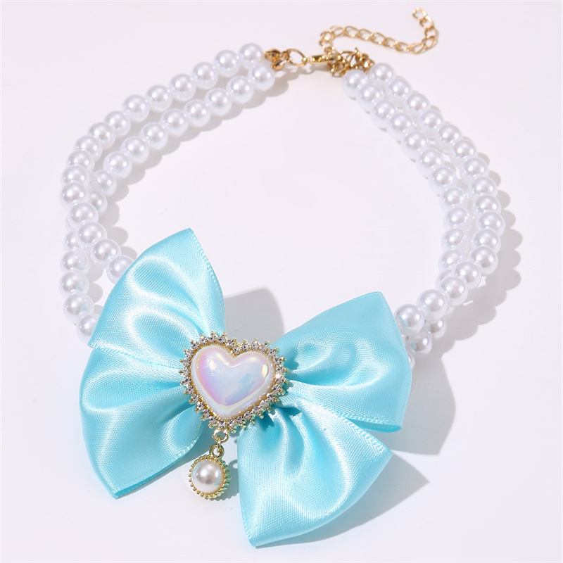 V888-ELOSUNG22844-202504141352-00 2 - PCS Cute Pet Pearl Necklace Collar with Blue Bow and Heart Charm - Size L - Image 1