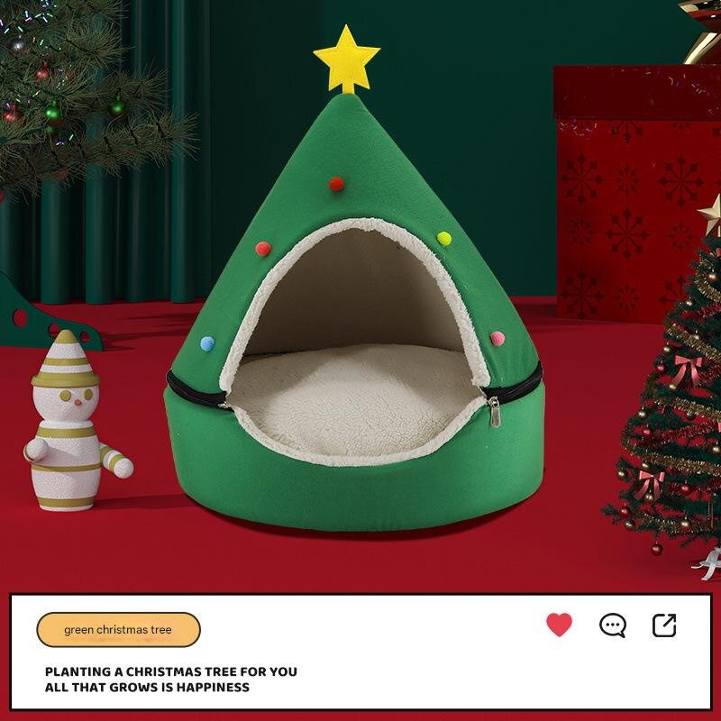 V888-ELOSUNG22864-202504141410-00 Festive Detachable Pet House - Cozy Green Christmas tree Design (S - 37x46cm) - Image 1