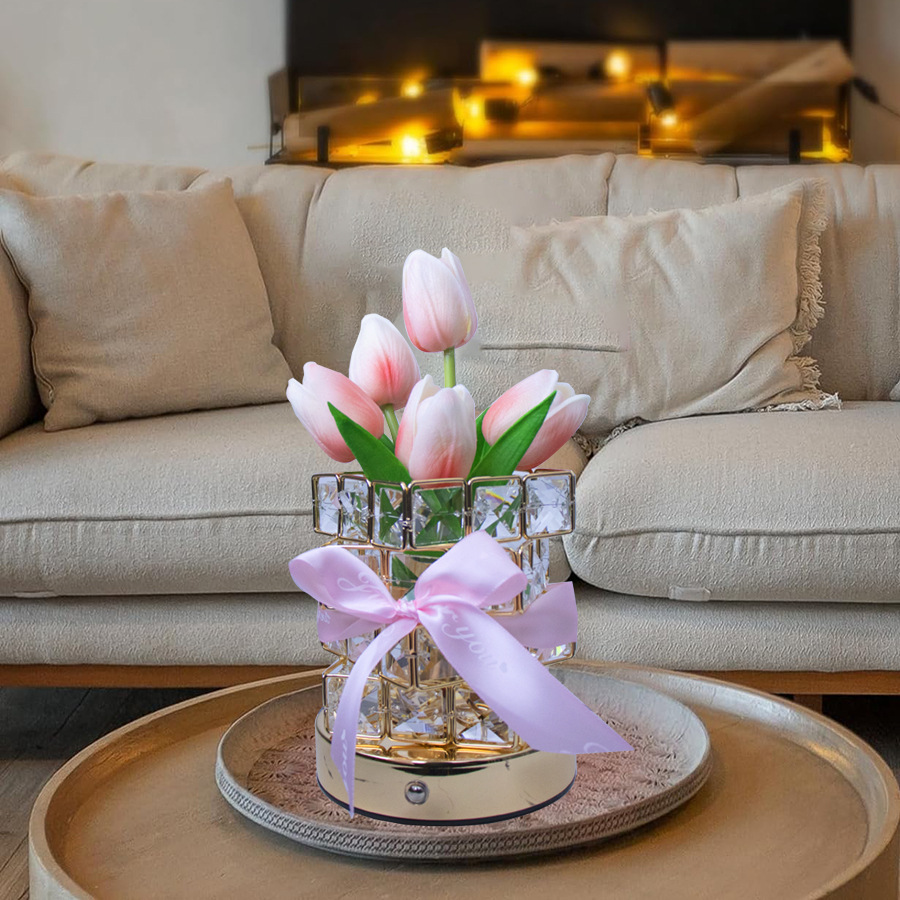 V888-ELOSUNG22965-202504141632-00 Pink tulips LED Crystal Flower Table Lamp - USB Rechargeable Touch Control Night Light - Image 1