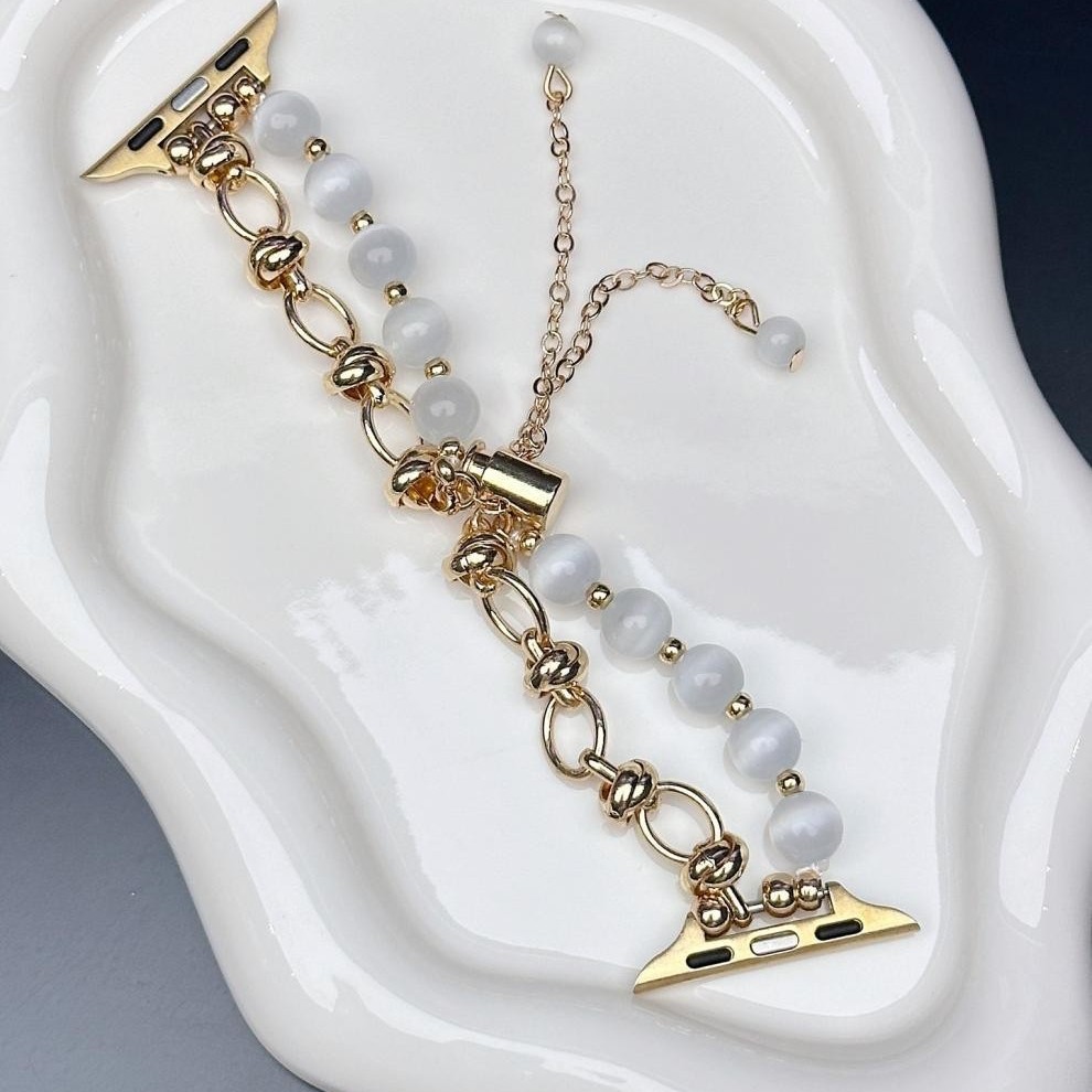 V888-ELOSUNG22996-202504141717-00 2-pcs Gold chain with white beads Elegant Cat's Eye Beaded Bracelet Band for Apple Watch - Women's Luxury Strap (Compatible Size :38/40/41MM ) - Image 1