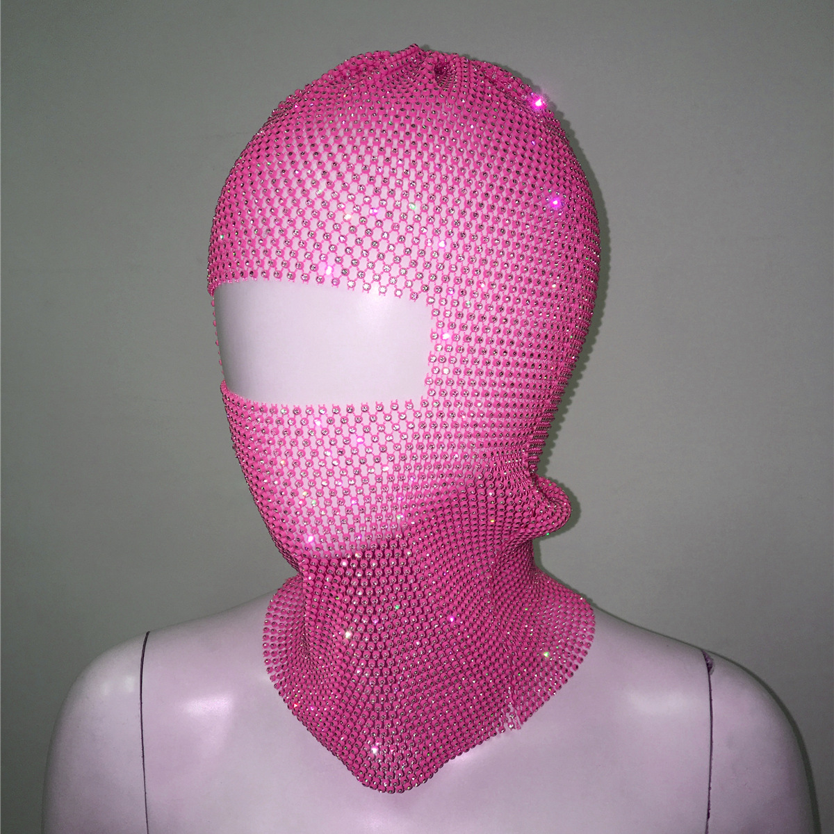 V888-ELOSUNG23004-202503180952-00 Pink Glitter Rhinestone Face Balaclava - Trendy Music Festival Head Cover, 37cm - Image 1