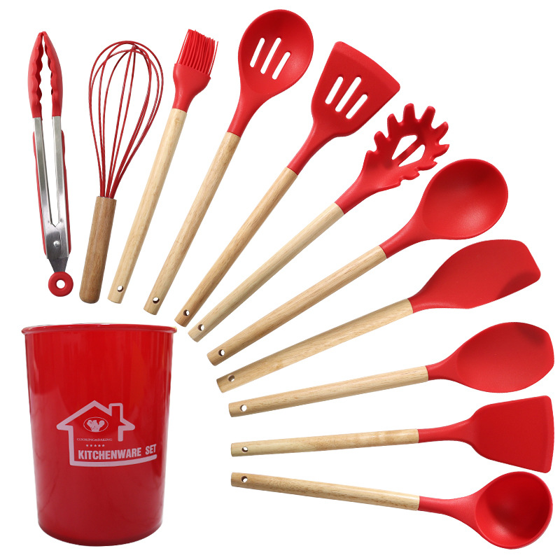 V888-ELOSUNG23157-202503251526-00 Red And Brown 12-Piece Silicone Kitchen Utensil Set - Non-Stick Food-Grade Silicone Cooking Tools with Wooden Handles and Holder - Image 1