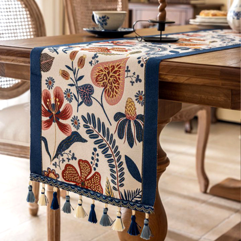 V888-ELOSUNG23173-202503251844-00 35x180cm Blue Pastoral Table Runner - Spring Floral Oil Painting Style with Tassels - Image 1