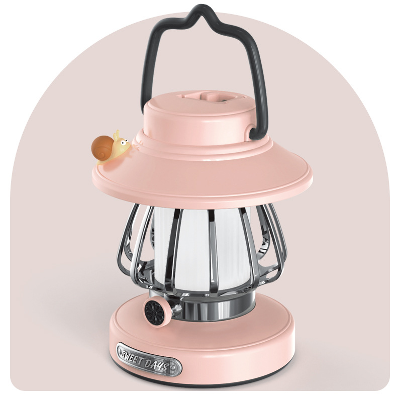 V888-ELOSUNG23225-202503251851-00 Pink Retro Snail Night Light - Portable Rechargeable Camping Lantern with Hook, 3-Color Dimming - Image 1