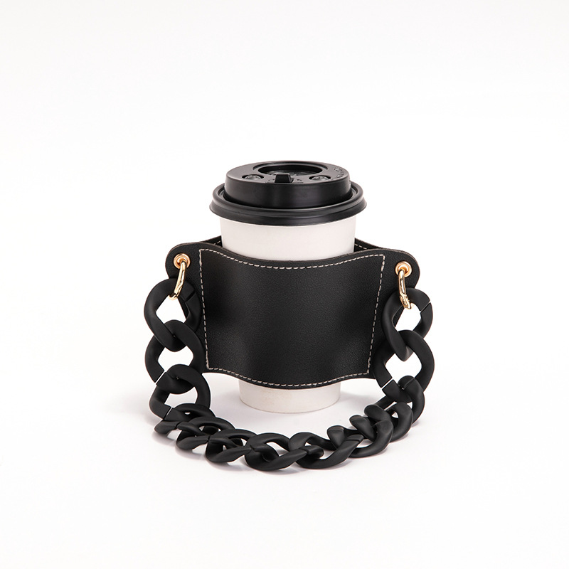 V888-ELOSUNG23254-202503251945-00 2 Pcs Black Detachable Chain Coffee Cup Sleeve - PU Leather Insulated Cup Holder with Handle, 16cm Top, 70g(Cup not included, only cup sleeve and chain) - Image 1