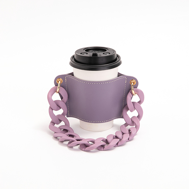 V888-ELOSUNG23257-202503251946-00 2 Pcs Purple Detachable Chain Coffee Cup Sleeve - PU Leather Insulated Cup Holder with Handle, 16cm Top, 70g(Cup not included, only cup sleeve and chain) - Image 1