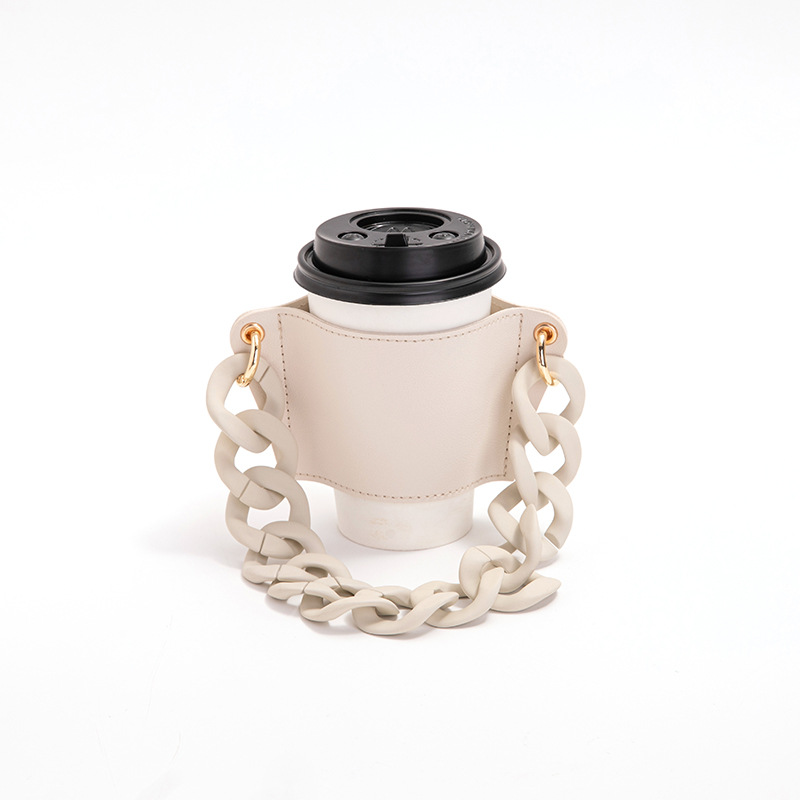 V888-ELOSUNG23258-202503251947-00 2 Pcs Beige Detachable Chain Coffee Cup Sleeve - PU Leather Insulated Cup Holder with Handle, 16cm Top, 70g(Cup not included, only cup sleeve and chain) - Image 1