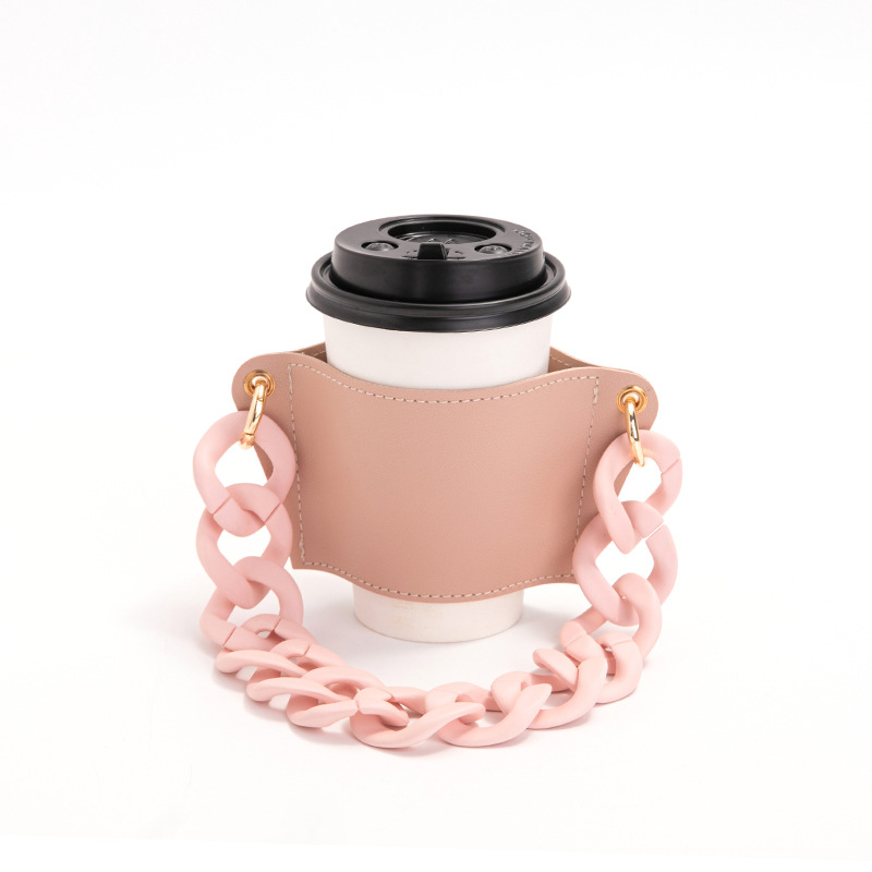 V888-ELOSUNG23260-202503251948-00 2 Pcs Pink Detachable Chain Coffee Cup Sleeve - PU Leather Insulated Cup Holder with Handle, 16cm Top, 70g(Cup not included, only cup sleeve and chain) - Image 1