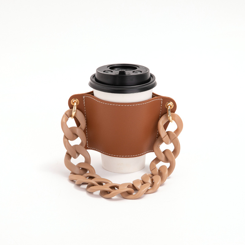 V888-ELOSUNG23261-202503251948-00 2 Pcs Brown Detachable Chain Coffee Cup Sleeve - PU Leather Insulated Cup Holder with Handle, 16cm Top, 70g(Cup not included, only cup sleeve and chain) - Image 1
