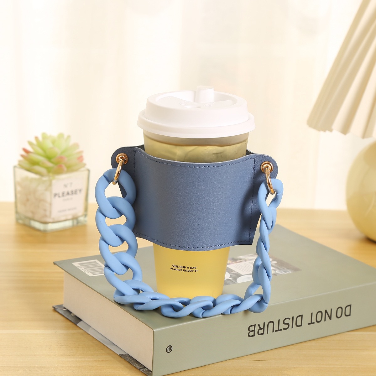V888-ELOSUNG23263-202503252005-00 2 Pcs Blue Detachable Chain Coffee Cup Sleeve - PU Leather Insulated Cup Holder with Handle, 16cm Top, 70g(Cup not included, only cup sleeve and chain) - Image 1