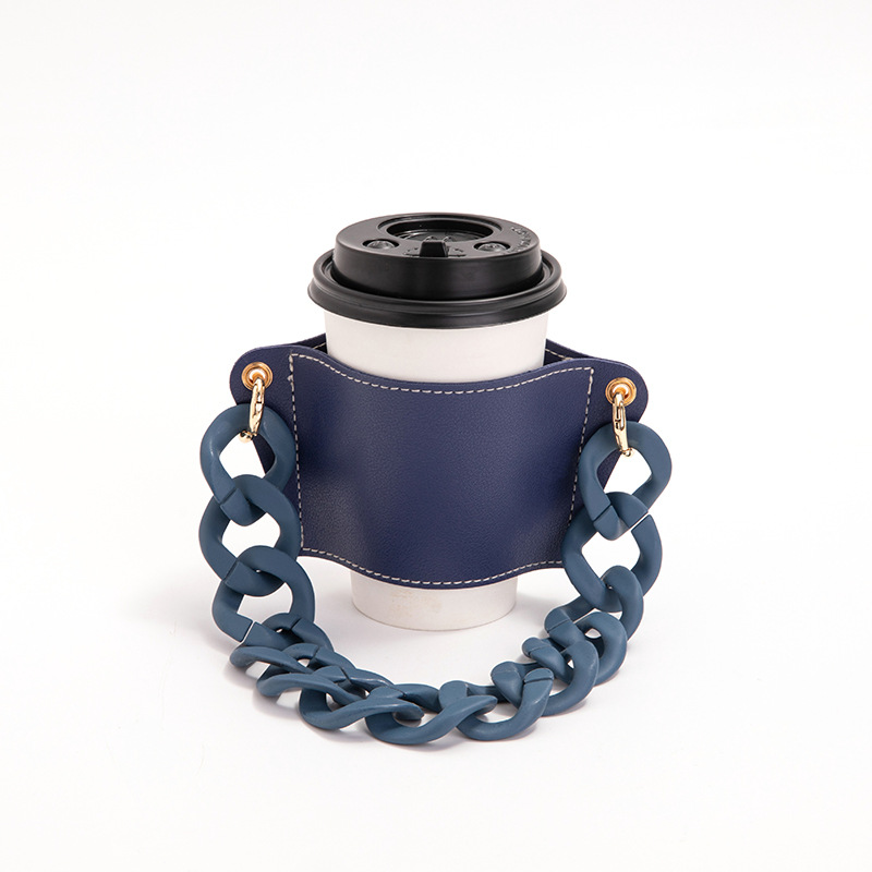 V888-ELOSUNG23264-202503252005-00 2 Pcs Dark Blue Detachable Chain Coffee Cup Sleeve - PU Leather Insulated Cup Holder with Handle, 16cm Top, 70g(Cup not included, only cup sleeve and chain) - Image 1