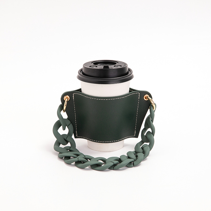 V888-ELOSUNG23265-202503251959-00 2 Pcs Dark Green Detachable Chain Coffee Cup Sleeve - PU Leather Insulated Cup Holder with Handle, 16cm Top, 70g(Cup not included, only cup sleeve and chain) - Image 1