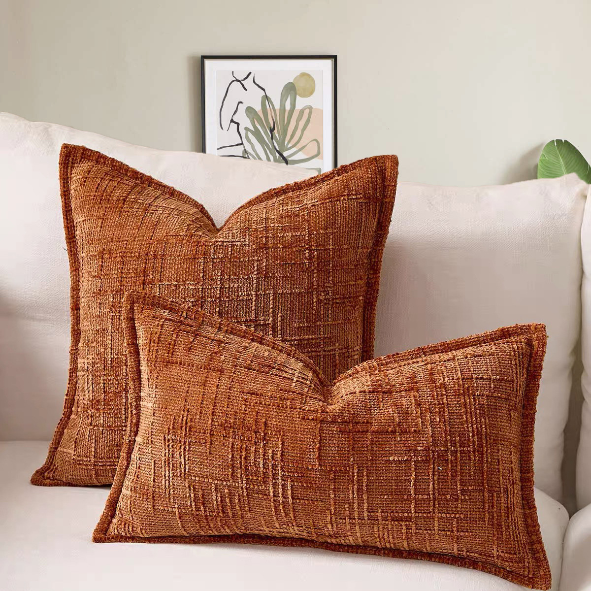 V888-ELOSUNG23277-202503251515-00 Brick Red Chenille Crosshatch Textured Pillow Covers Set of 2 - Modern Minimalist Sofa Bed Cushion Covers 45x45cm & 30x50cm(without pillow core) - Image 1