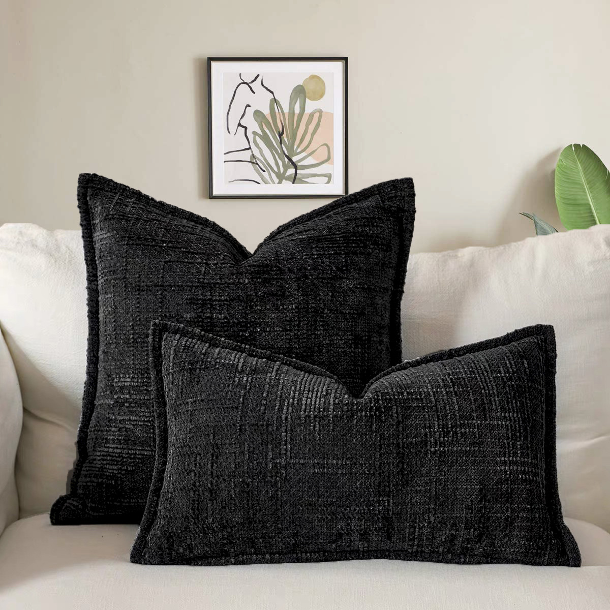 V888-ELOSUNG23282-202503251516-00 Black Chenille Crosshatch Textured Pillow Covers Set of 2 - Modern Minimalist Sofa Bed Cushion Covers 45x45cm & 30x50cm(without pillow core) - Image 1