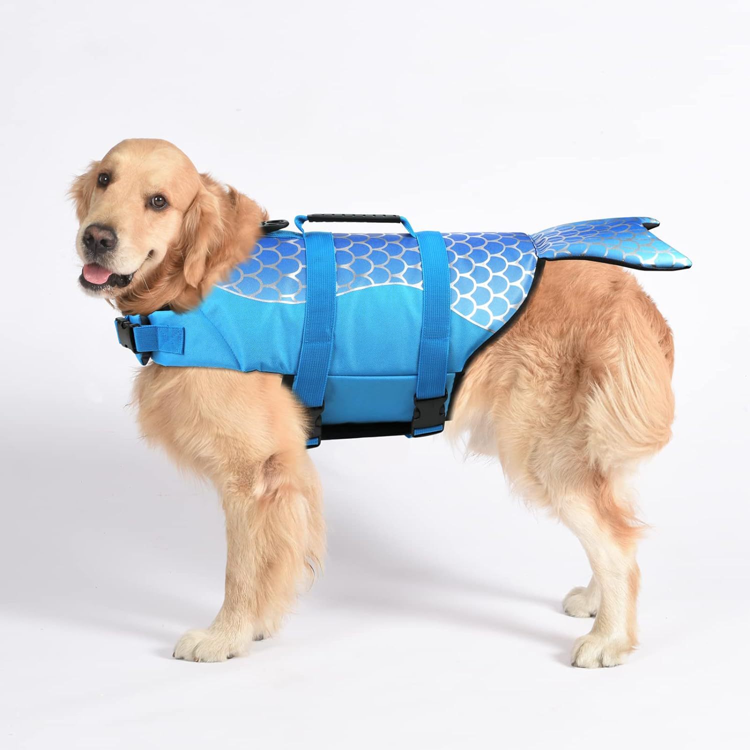 V888-ELOSUNG23326-202503251736-00 Size L Blue Scales Pattern Pet Life Jacket for Dogs - Summer Swimming Safety Vest with Shark Fin for Small to Large Breeds - Image 1