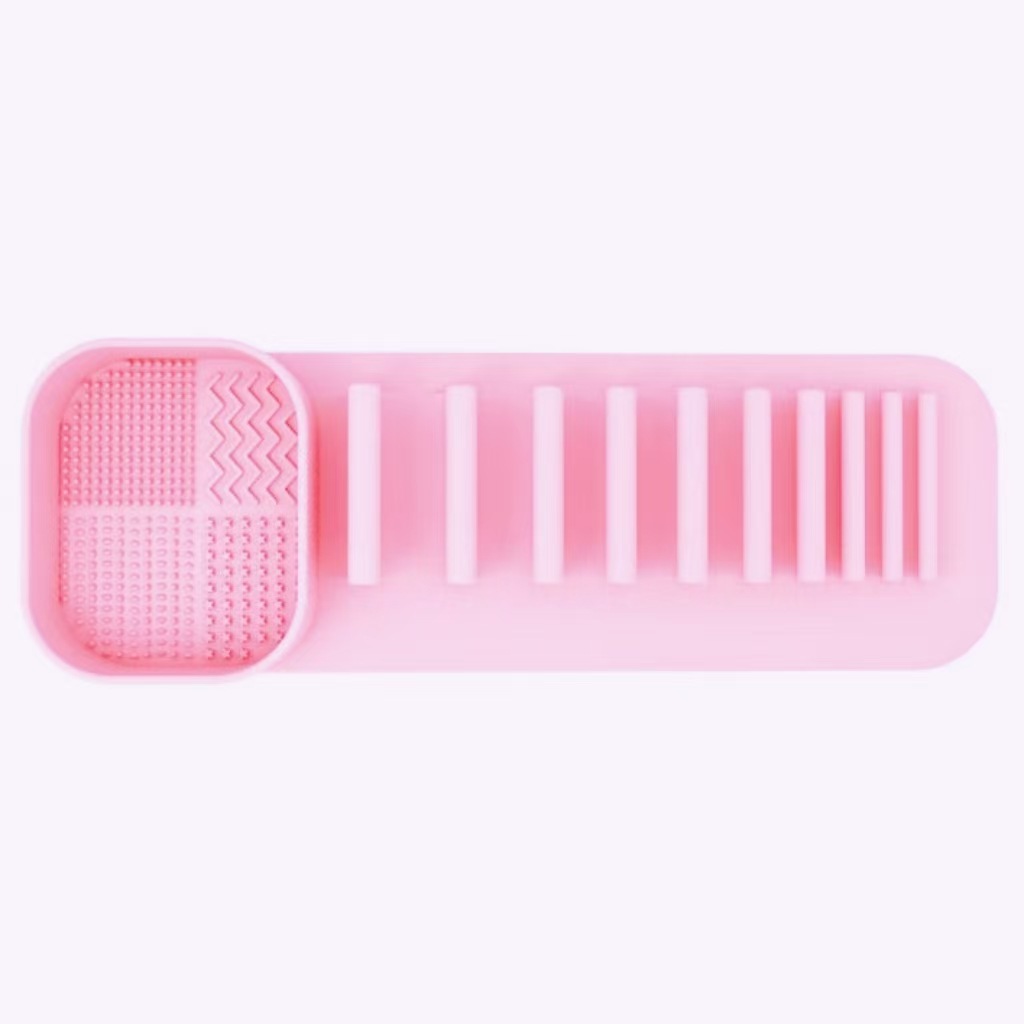 V888-ELOSUNG23406-202503282106-00 3 Pcs Pink Silicone Makeup Brush Organizer and Cleaning Rack - Wall-Mounted Holder with Brush Cleaning Texture - Image 1
