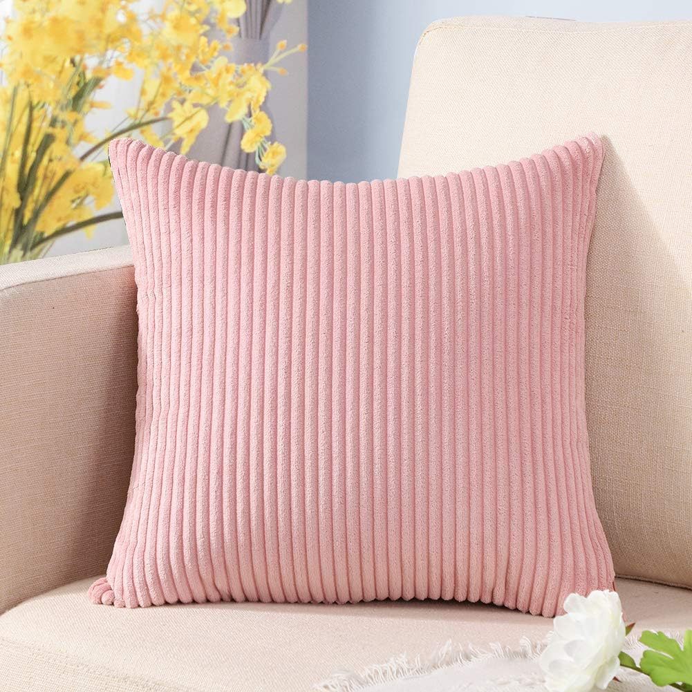 V888-ELOSUNG234476-202503282126-00 Pink Plush Striped Pillow Covers 45x45cm - Set of 4 Corduroy-Style Cushion Covers with Invisible Zipper, Soft and Washable for Sofa Decor - Image 1