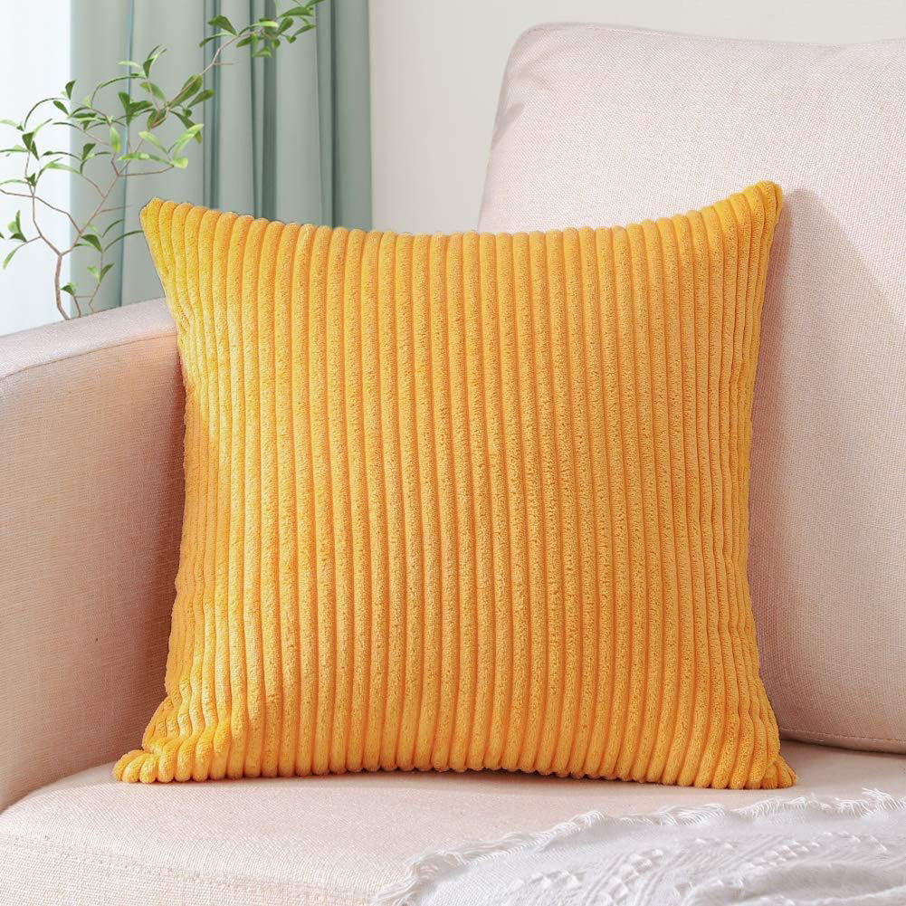 V888-ELOSUNG234477-202503282126-00 Yellow Plush Striped Pillow Covers 45x45cm - Set of 4 Corduroy-Style Cushion Covers with Invisible Zipper, Soft and Washable for Sofa Decor - Image 1