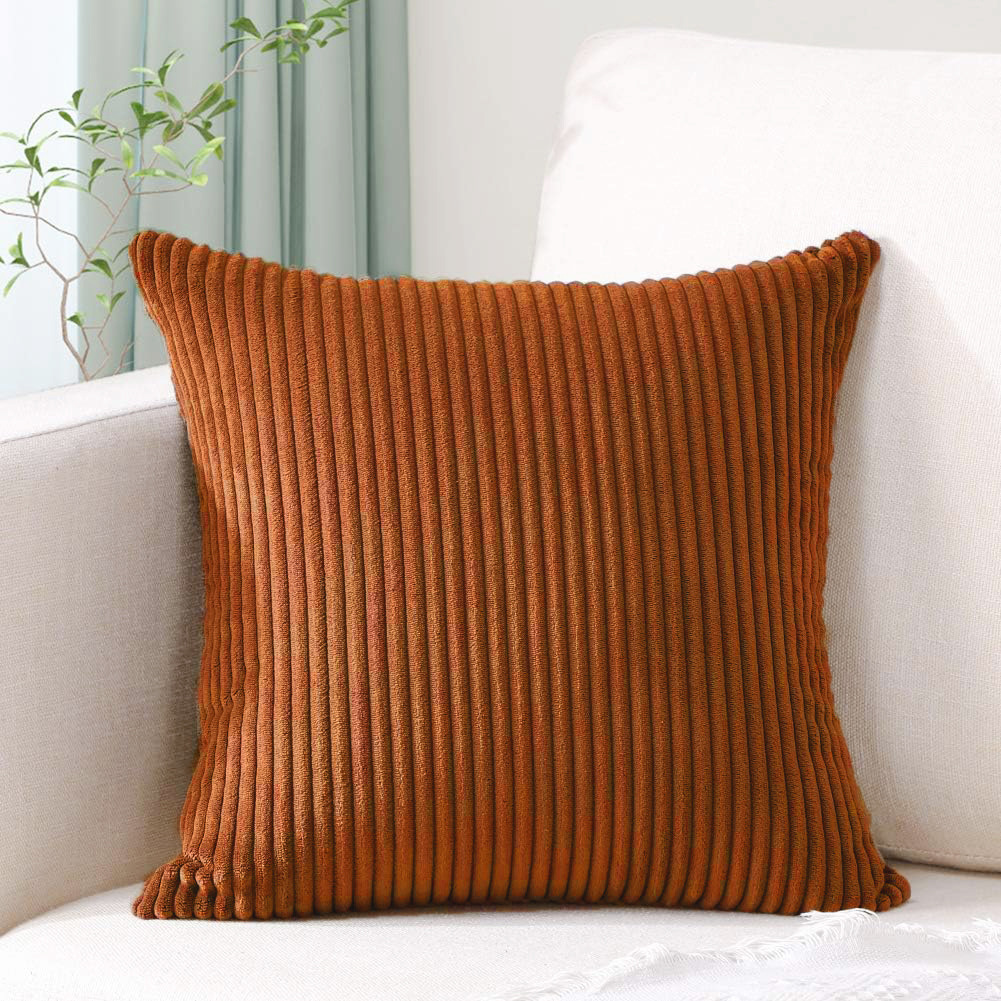 V888-ELOSUNG234478-202503282126-00 Brick Red Plush Striped Pillow Covers 45x45cm - Set of 4 Corduroy-Style Cushion Covers with Invisible Zipper, Soft and Washable for Sofa Decor - Image 1