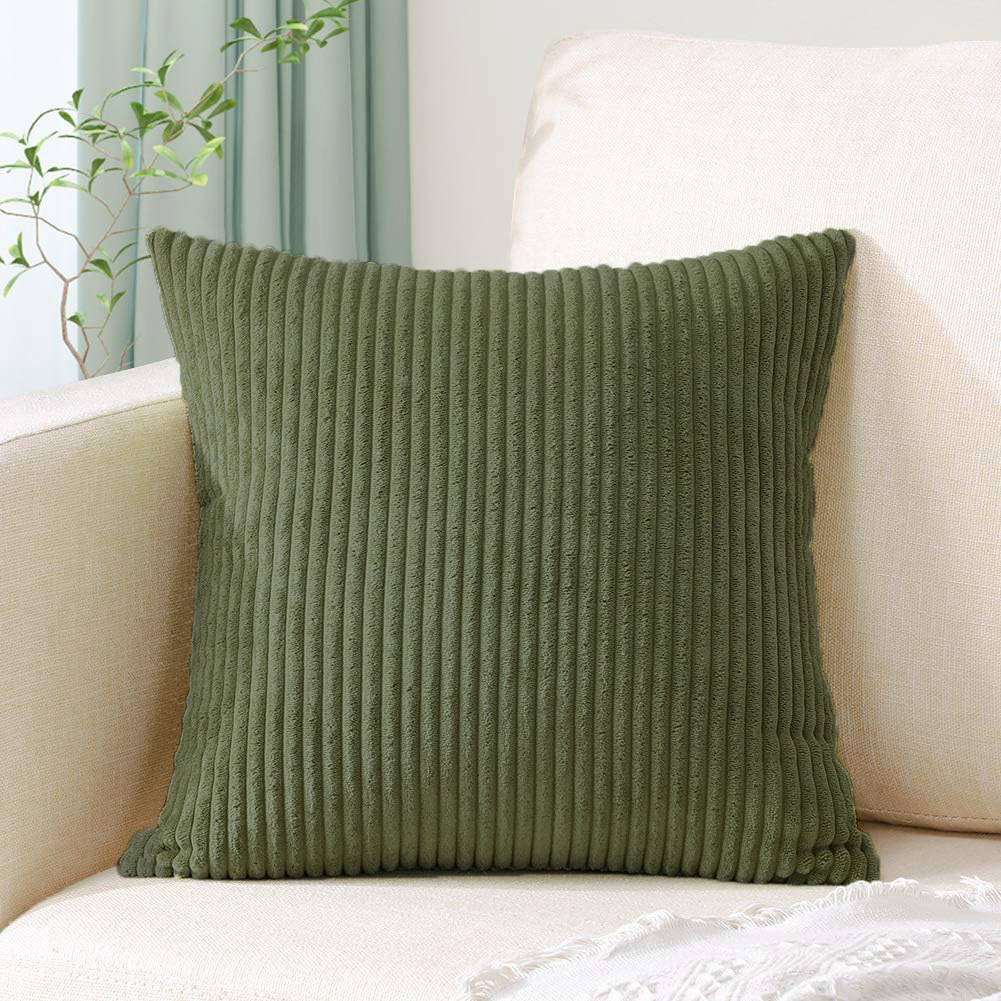 V888-ELOSUNG234479-202503282126-00 Green Plush Striped Pillow Covers 45x45cm - Set of 4 Corduroy-Style Cushion Covers with Invisible Zipper, Soft and Washable for Sofa Decor - Image 1