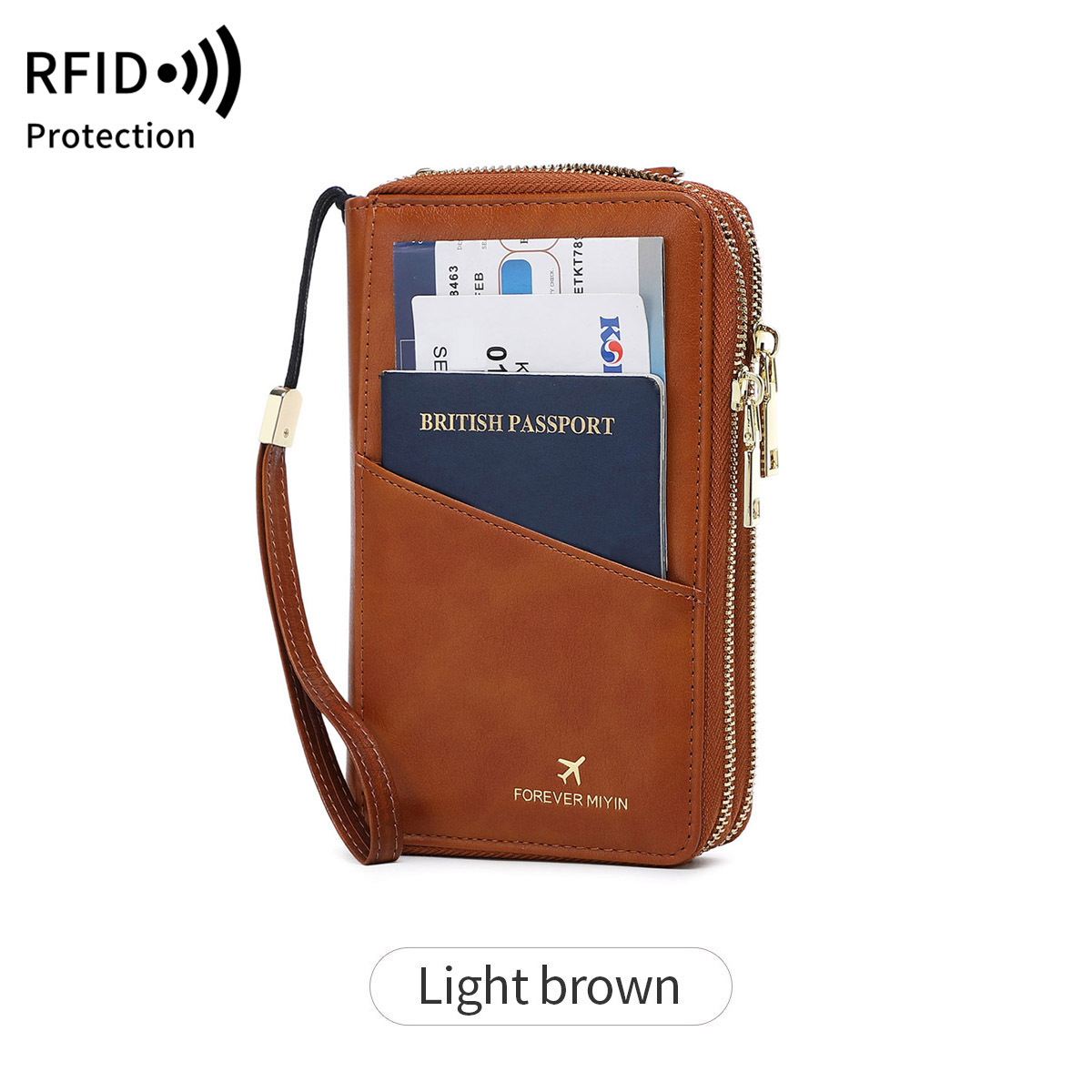 V888-ELOSUNG23519-202504011206-00 Light Brown RFID Blocking Passport Wallet - Multi-Function Travel Organizer with Double Zipper and Crossbody Strap - Image 1