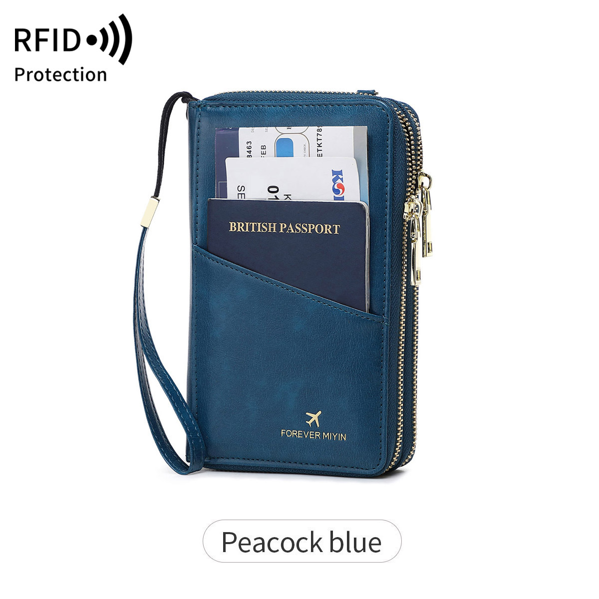 V888-ELOSUNG23525-202504011236-00 Peacock Blue RFID Blocking Passport Wallet - Multi-Function Travel Organizer with Double Zipper and Crossbody Strap - Image 1