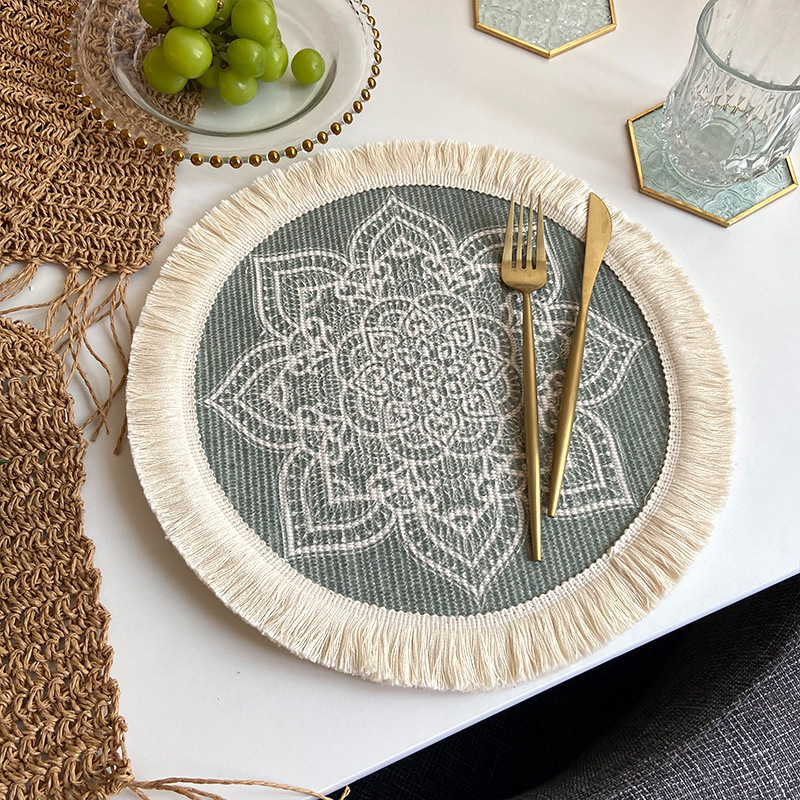 V888-ELOSUNG23529-202504011211-00 4 Pcs Beige and Grey Boho Chic Woven Cotton Placemat with Tassels - Nordic Bohemian Style(Tableware is a prop for shooting and is not included) - Image 1