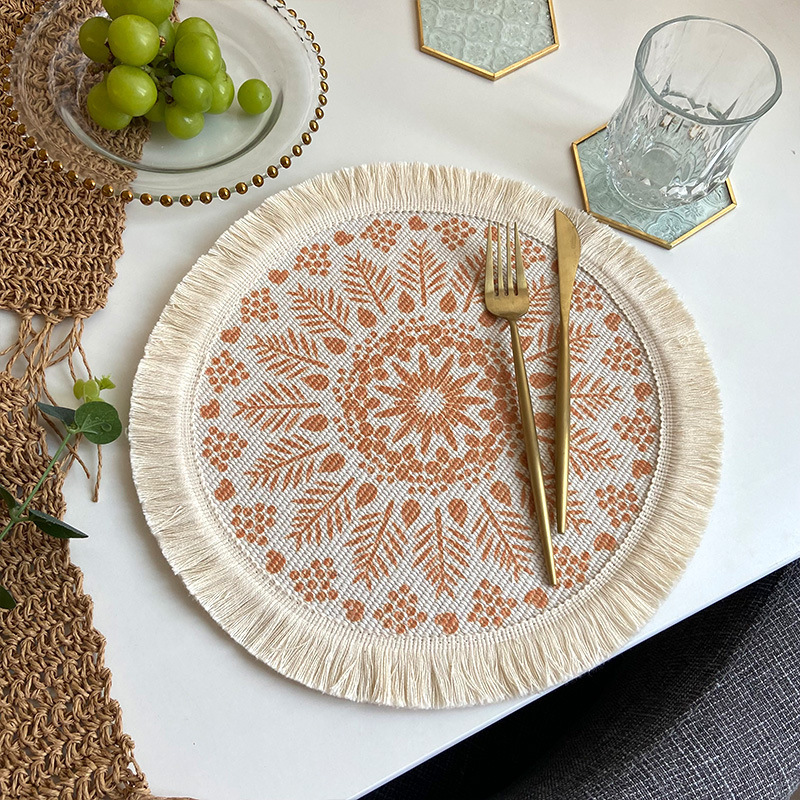 V888-ELOSUNG23530-202504011211-00 4 Pcs Beige and Orange Boho Chic Woven Cotton Placemat with Tassels - Nordic Bohemian Style(Tableware is a prop for shooting and is not included) - Image 1