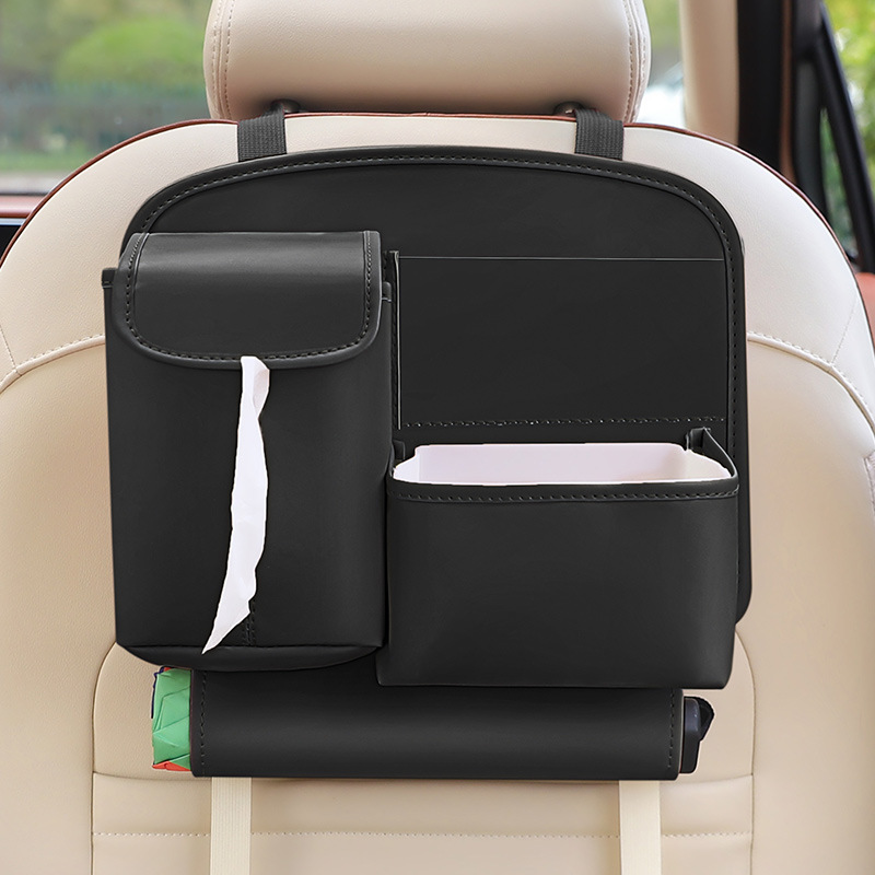 V888-ELOSUNG23536-202504011230-00 Black Car Backseat Organizer with Multi-Pocket Storage and PP Trash Bin - 400g Lightweight PU Leather - Image 1