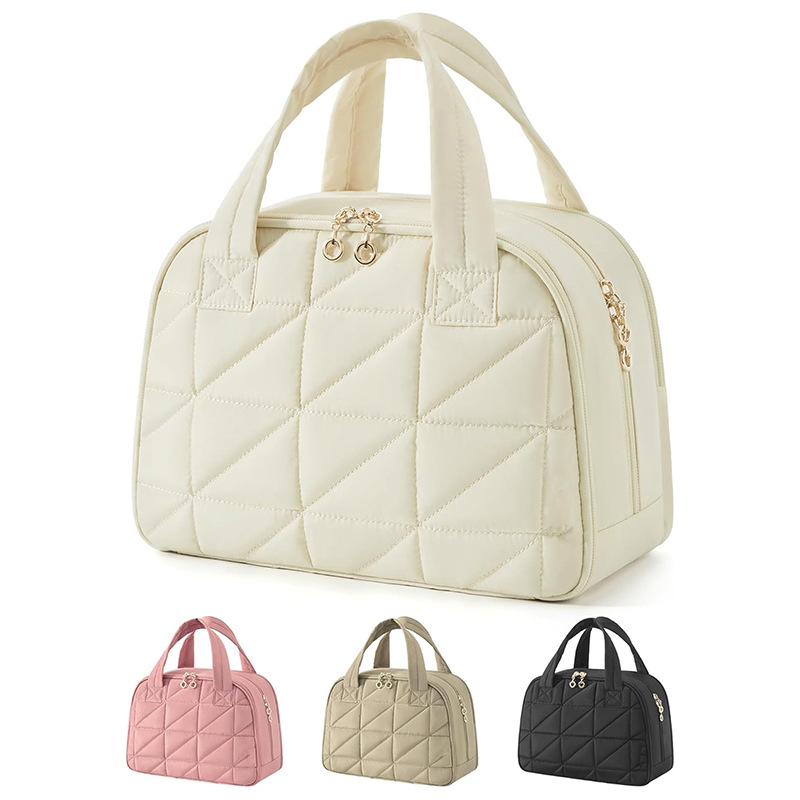 V888-ELOSUNG23537-202504011236-00 Beige Large Capacity Travel Toiletry Bag with Wide Opening - Puffy Nylon Makeup Organizer with Waterproof PVC Layer - Image 1