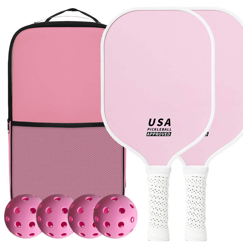 V888-ELOSUNG23665-202504141411-00 Pink Fiberglass Pickleball Paddle Set - 2 Minimalist Paddles, 4 Balls, and Carry Bag for Outdoor Play - Image 1