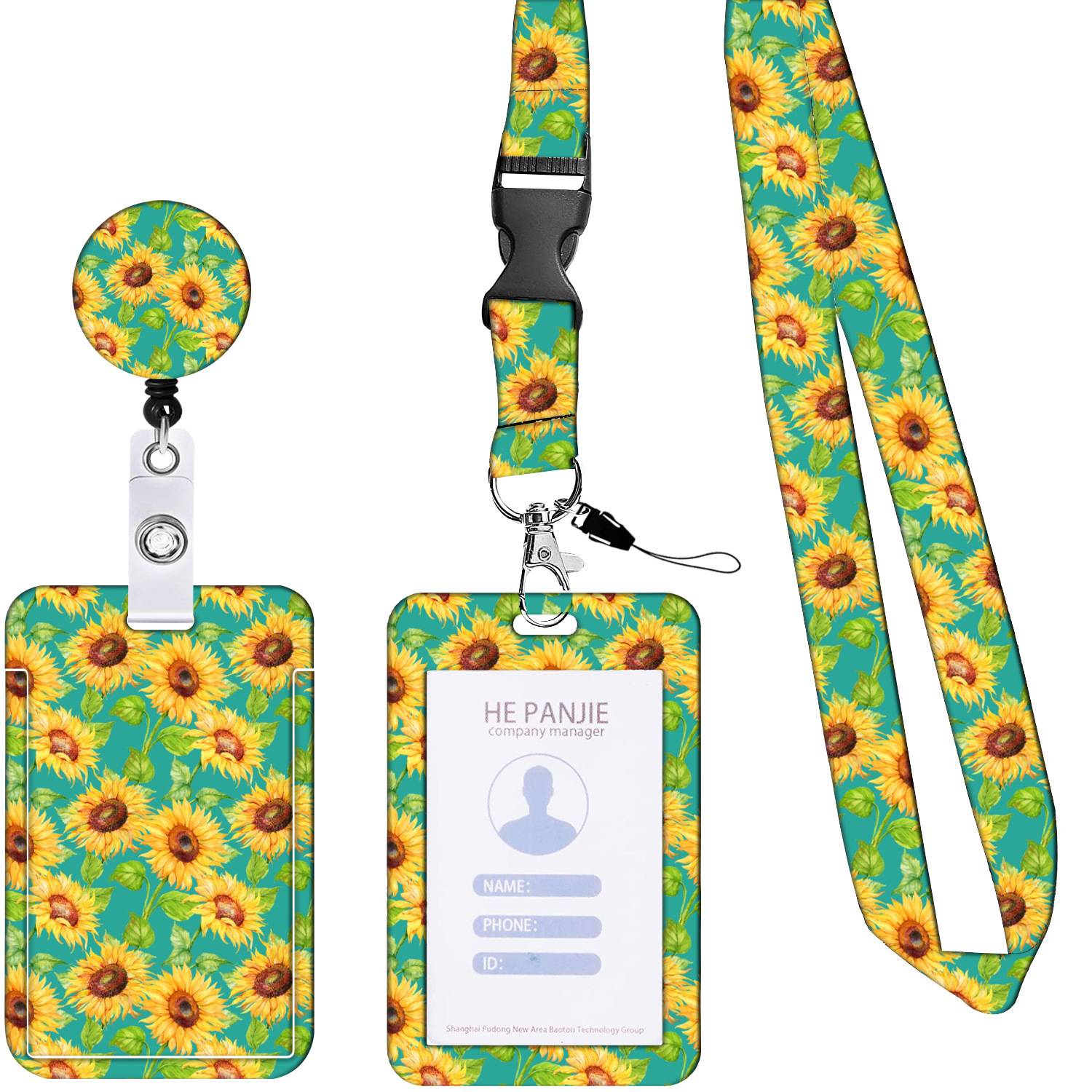 V888-ELOSUNG23676-202504141722-00 2 Pcs Yellow and Green Sunflower Patterns Retractable Badge Reel & ID Card Holder Set with Lanyard - Durable ABS Plastic - Image 1