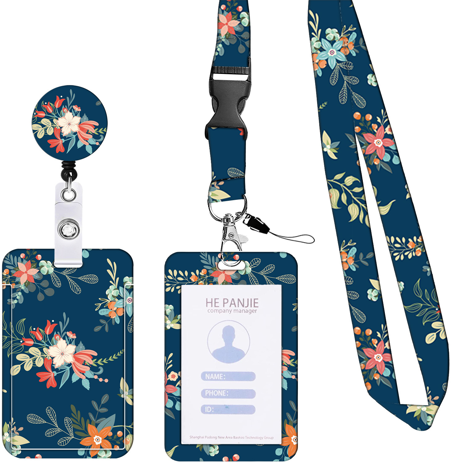 V888-ELOSUNG23678-202504141722-00 2 Pcs Blue Floral Pattern Retractable Badge Reel & ID Card Holder Set with Lanyard - Durable ABS Plastic - Image 1