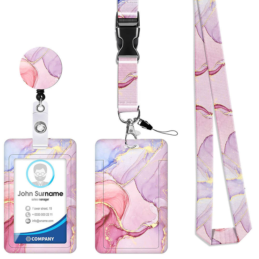 V888-ELOSUNG23679-202504141722-00 2 Pcs Pink Geometric Patterns Retractable Badge Reel & ID Card Holder Set with Lanyard - Durable ABS Plastic - Image 1