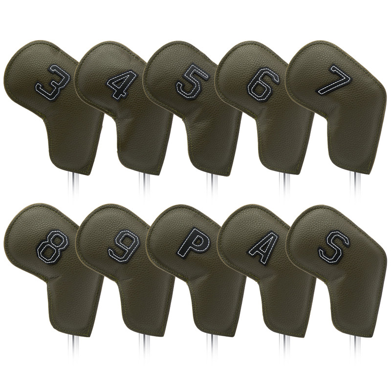 V888-ELOSUNG23728-202504141520-00 Gray Green Golf Iron Head Covers Set of 10 - Waterproof PU Leather Club Protectors with Embroidered Numbers (3-9, P, A, S) - Image 1